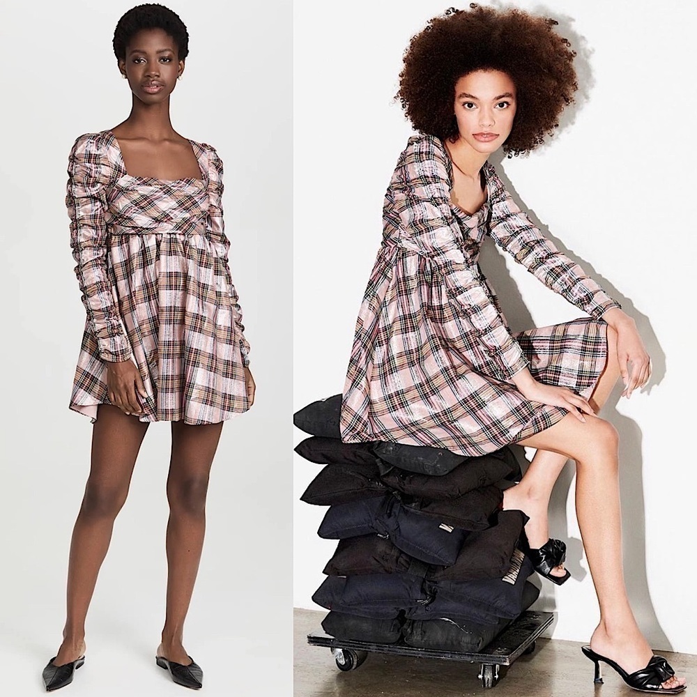 NWT SAYLOR 90s Tartan Ruched Puff Long Sleeve Empire Waist Babydoll Dress M